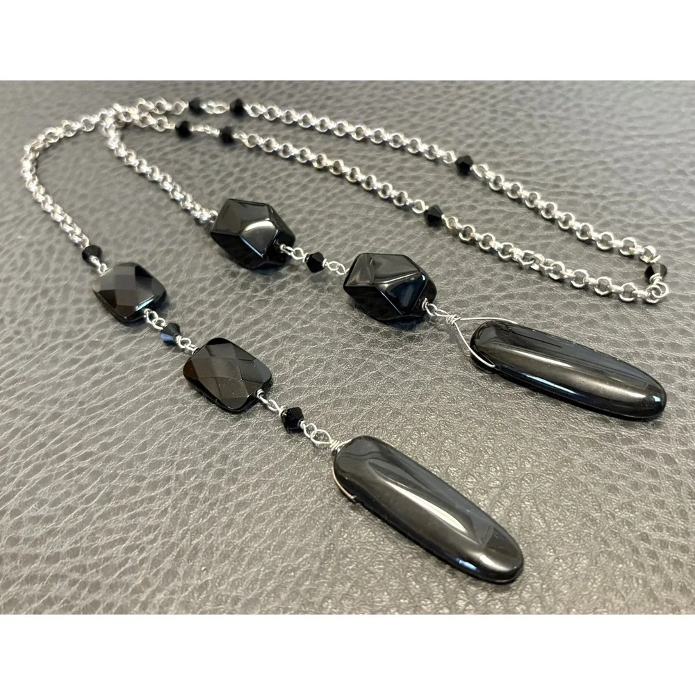 Vintage Black Onyx Glass Beads Sterling Silver Chain 